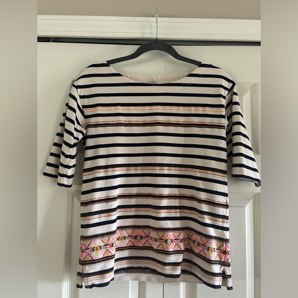J.Crew Top Embroidered White Blue striped cotton shirt 3/4 sleeve Women’s XS